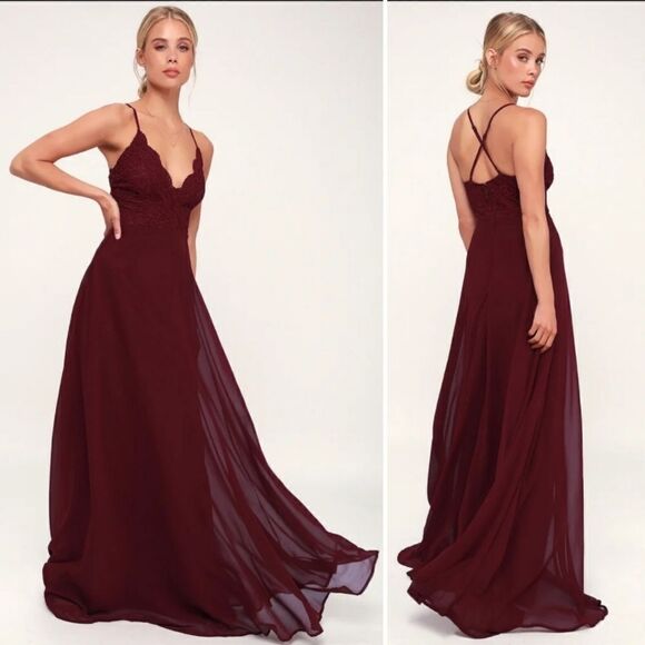 Lulus Madalyn Burgundy Lace and Chiffon Maxi Prom Formal Bridesmaid Gown Dress M - Picture 1 of 8